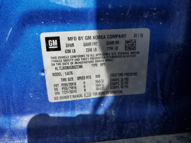 KL7CJKSB0GB622386 - 2016 CHEVROLET TRAX LS BLUE photo 12