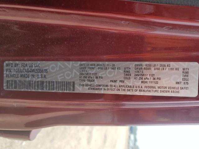 1C6JJTAG4ML535696 - 2021 JEEP GLADIATOR SPORT MAROON photo 12