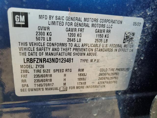 LRBFZNR43ND129481 - 2022 BUICK ENVISION ESSENCE BLUE photo 13