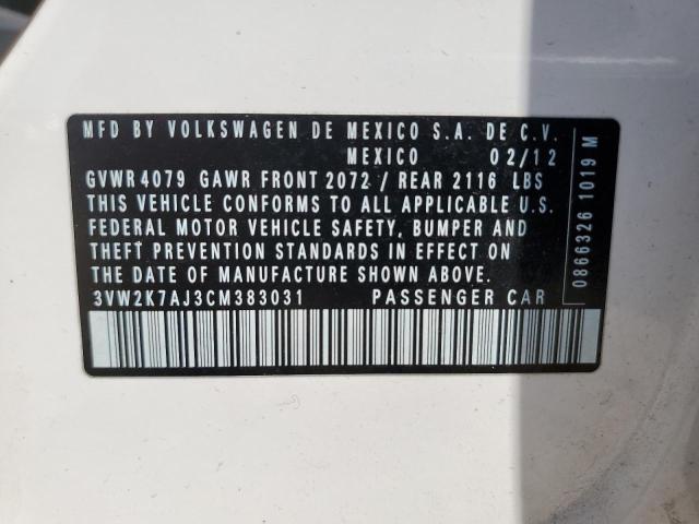 3VW2K7AJ3CM383031 - 2012 VOLKSWAGEN JETTA BASE WHITE photo 13