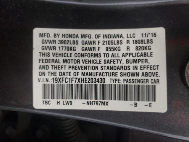 19XFC1F7XHE203430 - 2017 HONDA CIVIC EXL CHARCOAL photo 12