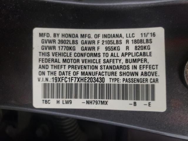 19XFC1F7XHE203430 - 2017 HONDA CIVIC EXL Grafit foto 12