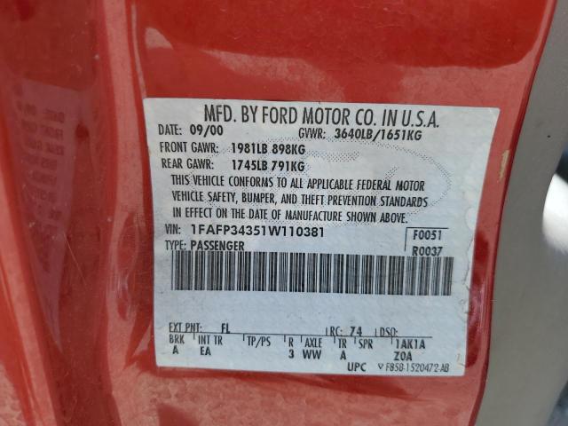 1FAFP34351W110381 - 2001 FORD FOCUS SE RED photo 12