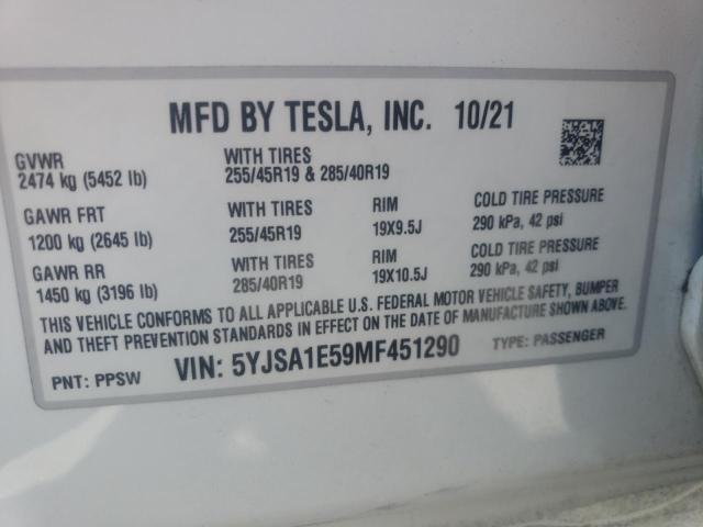 5YJSA1E59MF451290 - 2021 TESLA MODEL S თეთრი ფოტო 12