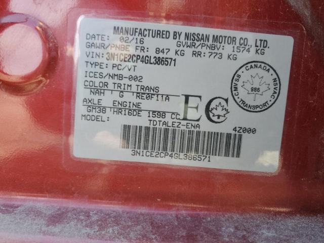 3N1CE2CP4GL386571 - 2016 NISSAN VERSA NOTE S RED photo 12