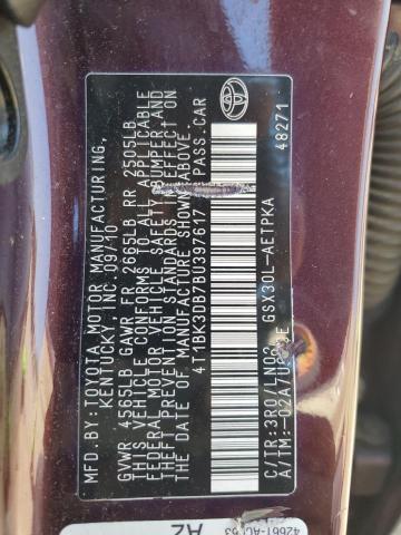 4T1BK3DB7BU397617 - 2011 TOYOTA AVALON BASE BURGUNDY photo 12