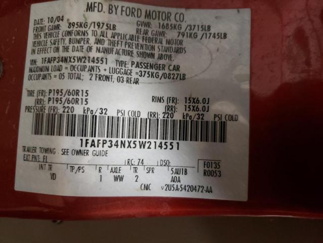 1FAFP34NX5W214551 - 2005 FORD FOCUS ZX4 RED photo 12