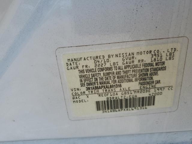 3N1AB6APXAL691316 - 2010 NISSAN SENTRA 2.0 WHITE photo 12