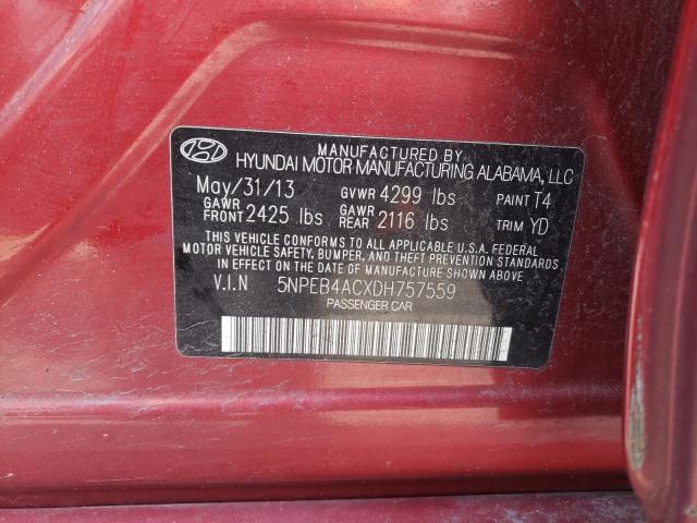 5NPEB4ACXDH757559 - 2013 HYUNDAI SONATA GLS RED photo 12