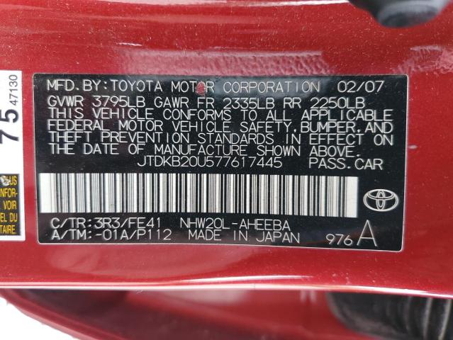 JTDKB20U577617445 - 2007 TOYOTA PRIUS RED photo 12