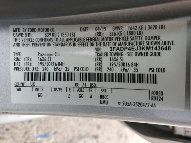 3FADP4EJ3KM143648 - 2019 FORD FIESTA SE SILVER photo 13