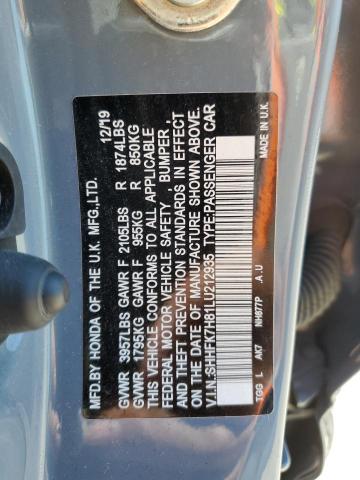 SHHFK7H81LU212935 - 2020 HONDA CIVIC EXL BLUE photo 12