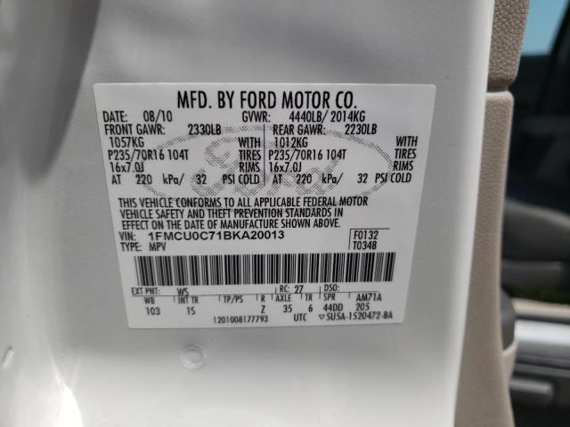 1FMCU0C71BKA20013 - 2011 FORD ESCAPE XLS WHITE photo 13