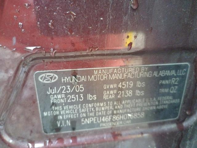 5NPEU46F86H016858 - 2006 HYUNDAI SONATA GLS BURGUNDY photo 10