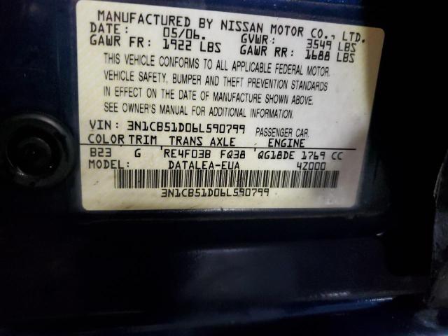 3N1CB51D06L590799 - 2006 NISSAN SENTRA 1.8 BLUE photo 12