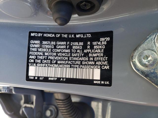 SHHFK7H43MU402699 - 2021 HONDA CIVIC SPORT 蓝色 照片 13