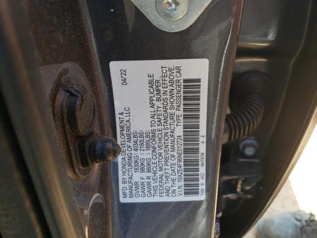 19XZE4F96NE012724 - 2022 HONDA INSIGHT TOURING GRAY photo 12