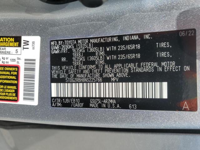 5TDGZRBH8NS225766 - 2022 TOYOTA HIGHLANDER XLE GRAY photo 14