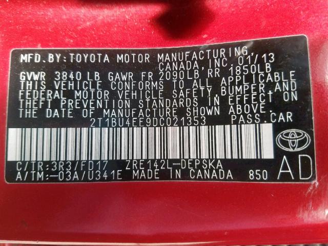 2T1BU4EE9DC021353 - 2013 TOYOTA COROLLA BASE  照片 10