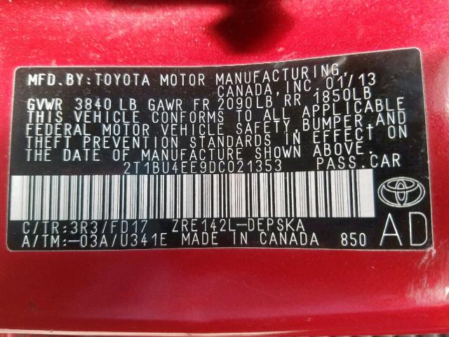 2T1BU4EE9DC021353 - 2013 TOYOTA COROLLA BASE  photo 10