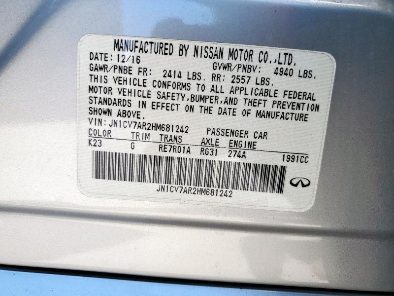 JN1CV7AR2HM681242 - 2017 INFINITI Q50 BASE SILVER photo 12