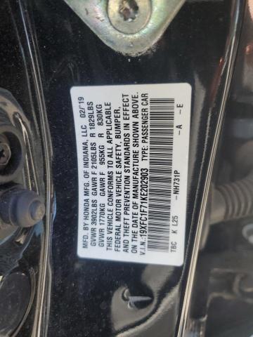 19XFC1F71KE202903 - 2019 HONDA CIVIC EXL შავი ფოტო 12