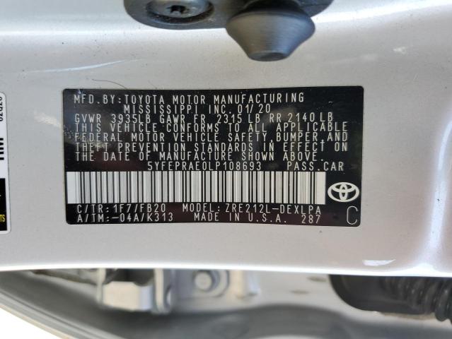 5YFEPRAE0LP108693 - 2020 TOYOTA COROLLA LE SILVER photo 12