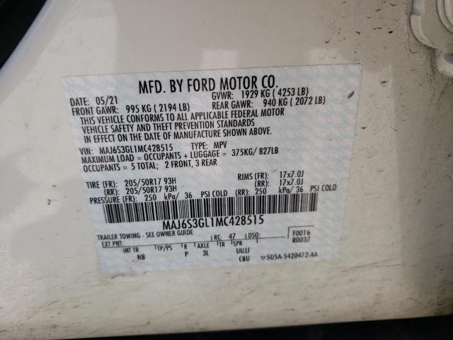 MAJ6S3GL1MC428515 - 2021 FORD ECOSPORT SE WHITE photo 13