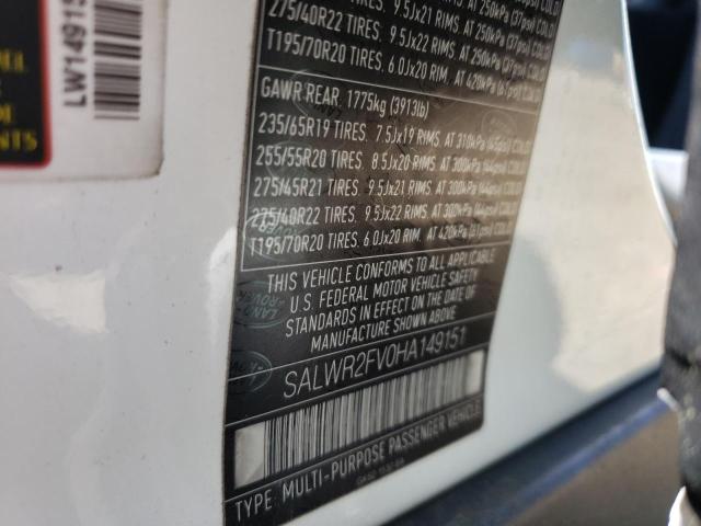 SALWR2FV0HA149151 - 2017 LAND ROVER RANGE ROVE HSE WHITE photo 10