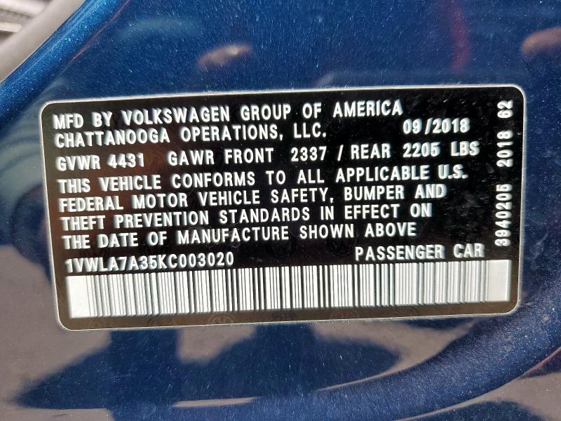 1VWLA7A35KC003020 - 2019 VOLKSWAGEN PASSAT WOLFSBURG 蓝色 照片 13