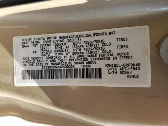 5TESN92N34Z430036 - 2004 TOYOTA TACOMA XTRACAB PRERUNNER 金色 照片 12