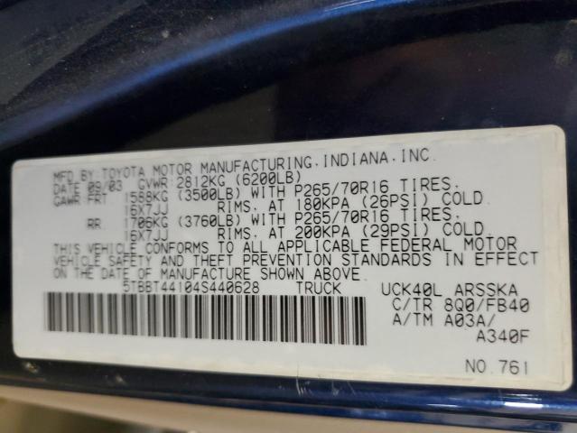 5TBBT44104S440628 - 2004 TOYOTA TUNDRA ACCESS CAB SR5 BLUE photo 12