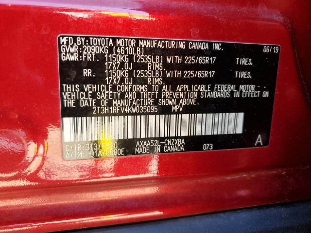 2T3H1RFV4KW035095 - 2019 TOYOTA RAV4 LE RED photo 12