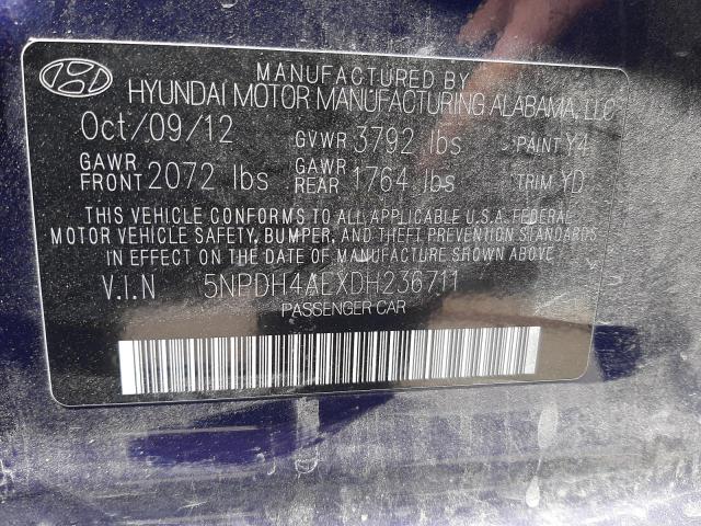 5NPDH4AEXDH236711 - 2013 HYUNDAI ELANTRA GLS BLUE photo 12