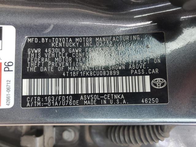 4T1BF1FK8CU083899 - 2012 TOYOTA CAMRY BASE GRAY photo 12