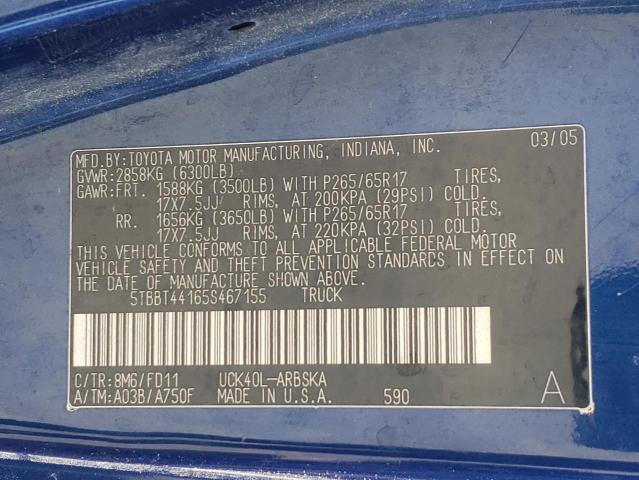 5TBBT44165S467155 - 2005 TOYOTA TUNDRA ACCESS CAB SR5 BLUE photo 12