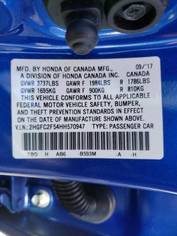 2HGFC2F54HH570947 - 2017 HONDA CIVIC LX BLUE photo 10