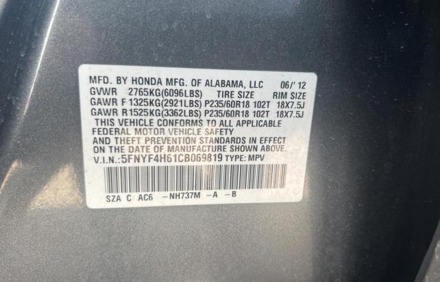 5FNYF4H61CB069819 - 2012 HONDA PILOT EXL GRAY photo 10