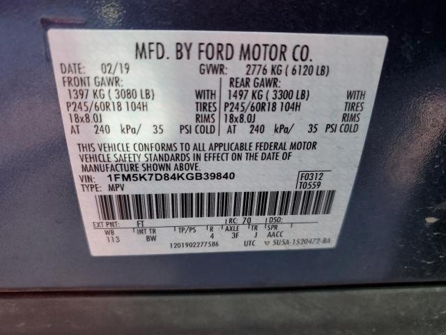 1FM5K7D84KGB39840 - 2019 FORD EXPLORER XLT BLUE photo 14