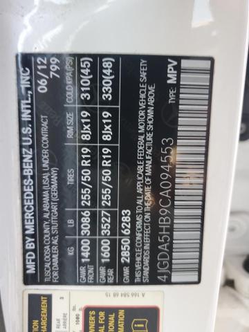 4JGDA5HB9CA094553 - 2012 MERCEDES-BENZ ML 350 4MATIC WHITE photo 13