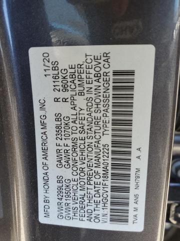 1HGCV1F18MA012225 - 2021 HONDA ACCORD LX GRAY photo 12