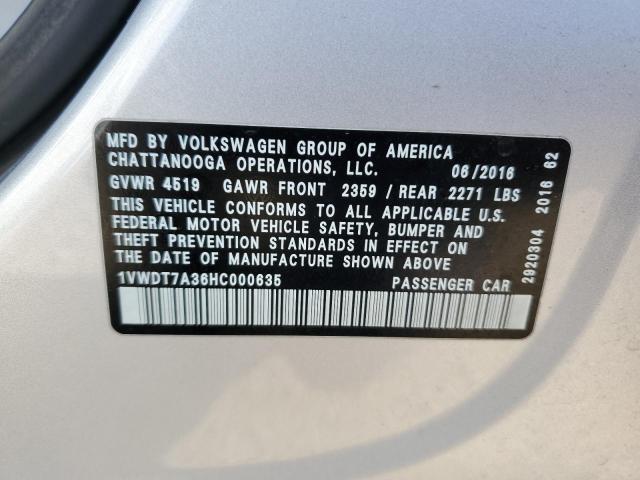 1VWDT7A36HC000635 - 2017 VOLKSWAGEN PASSAT R-LINE Արծաթագույն լուսանկար 12