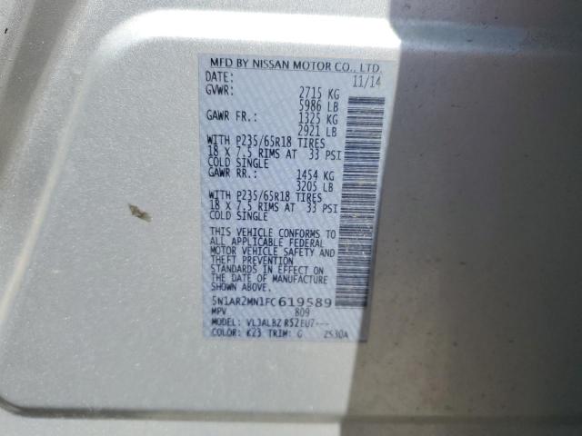 5N1AR2MN1FC619589 - 2015 NISSAN PATHFINDER S ვერცხლისფერი ფოტო 13