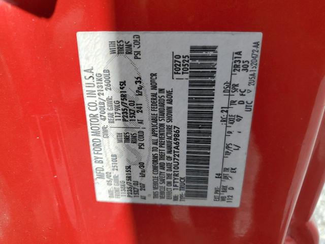 1FTYR10U72TA69867 - 2002 FORD RANGER RED photo 12