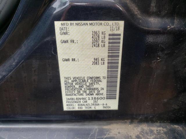 1N4BL4DV4KC138600 - 2019 NISSAN ALTIMA SV CHARCOAL photo 10