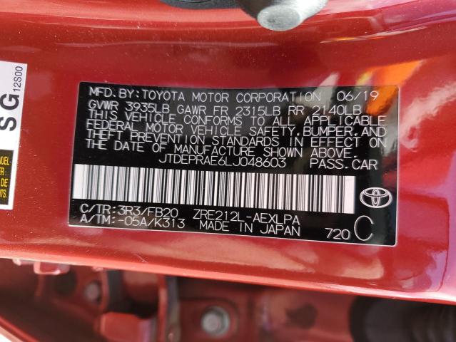 JTDEPRAE6LJ048603 - 2020 TOYOTA COROLLA LE RED photo 12