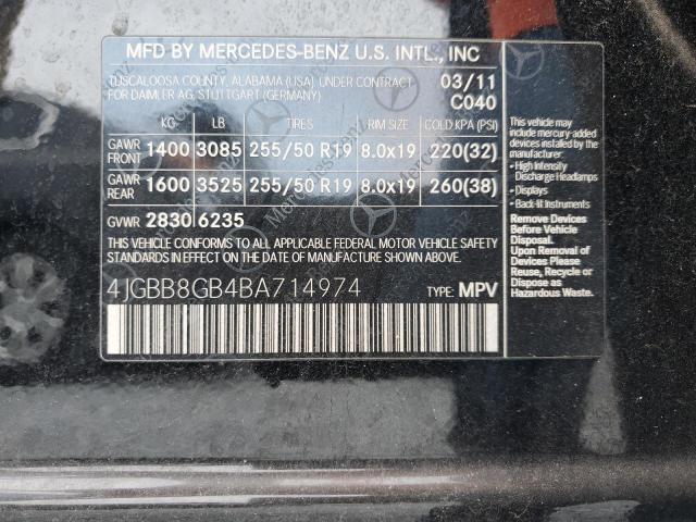 4JGBB8GB4BA714974 - 2011 MERCEDES-BENZ ML 350 4MATIC BLACK photo 12