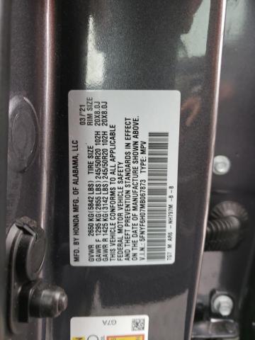 5FNYF6H07MB067873 - 2021 HONDA PILOT ELITE GRAY photo 13