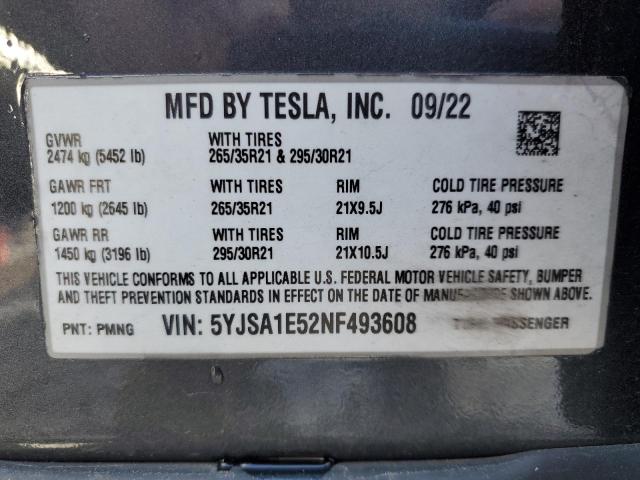 5YJSA1E52NF493608 - 2022 TESLA MODEL S 蓝色 照片 13