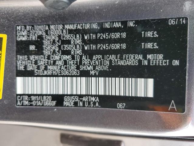 5TDJKRFH7ES062063 - 2014 TOYOTA HIGHLANDER XLE Boz foto 13